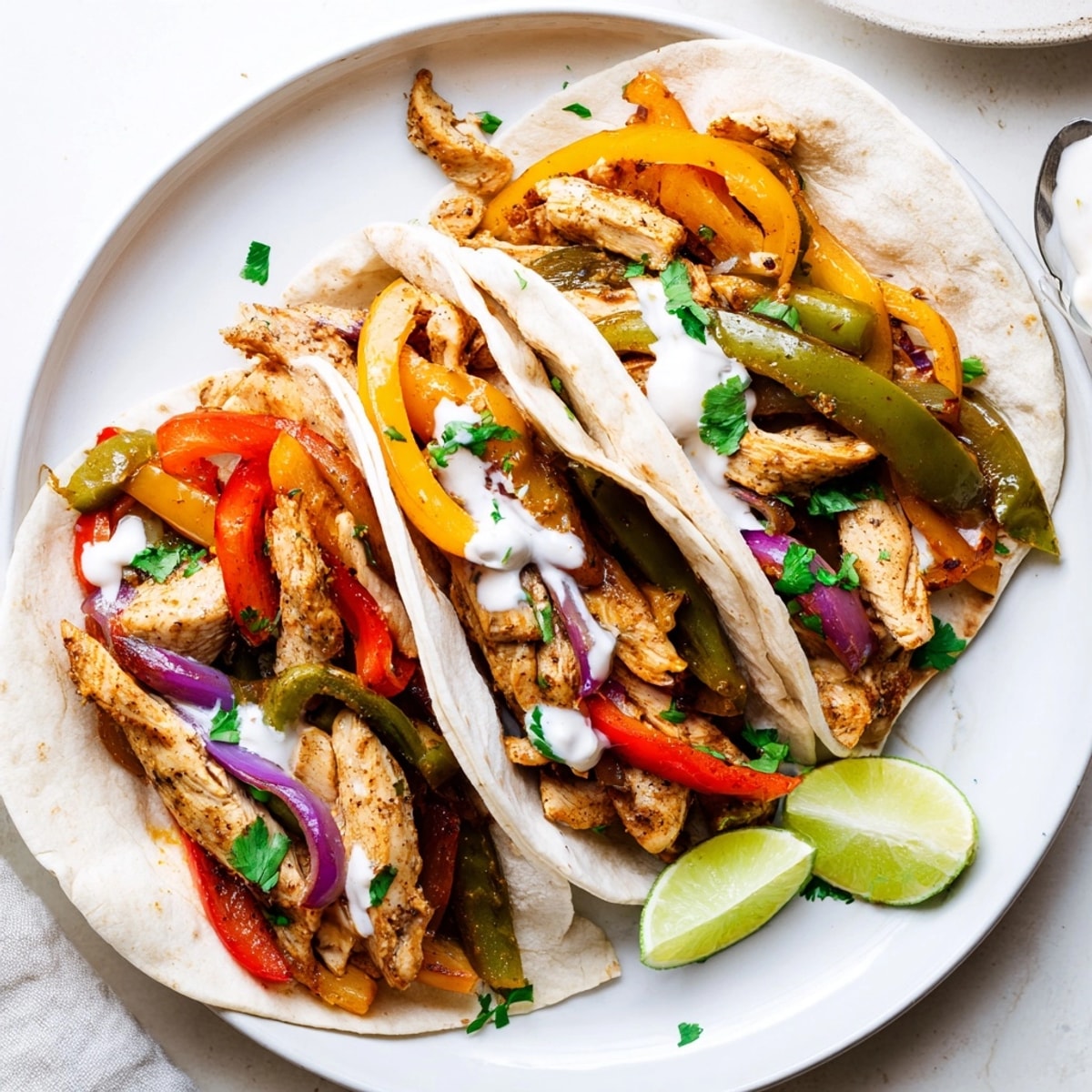Freshly made Chicken Fajitas with Lime Crema, sizzling hot with vibrant vegetables.