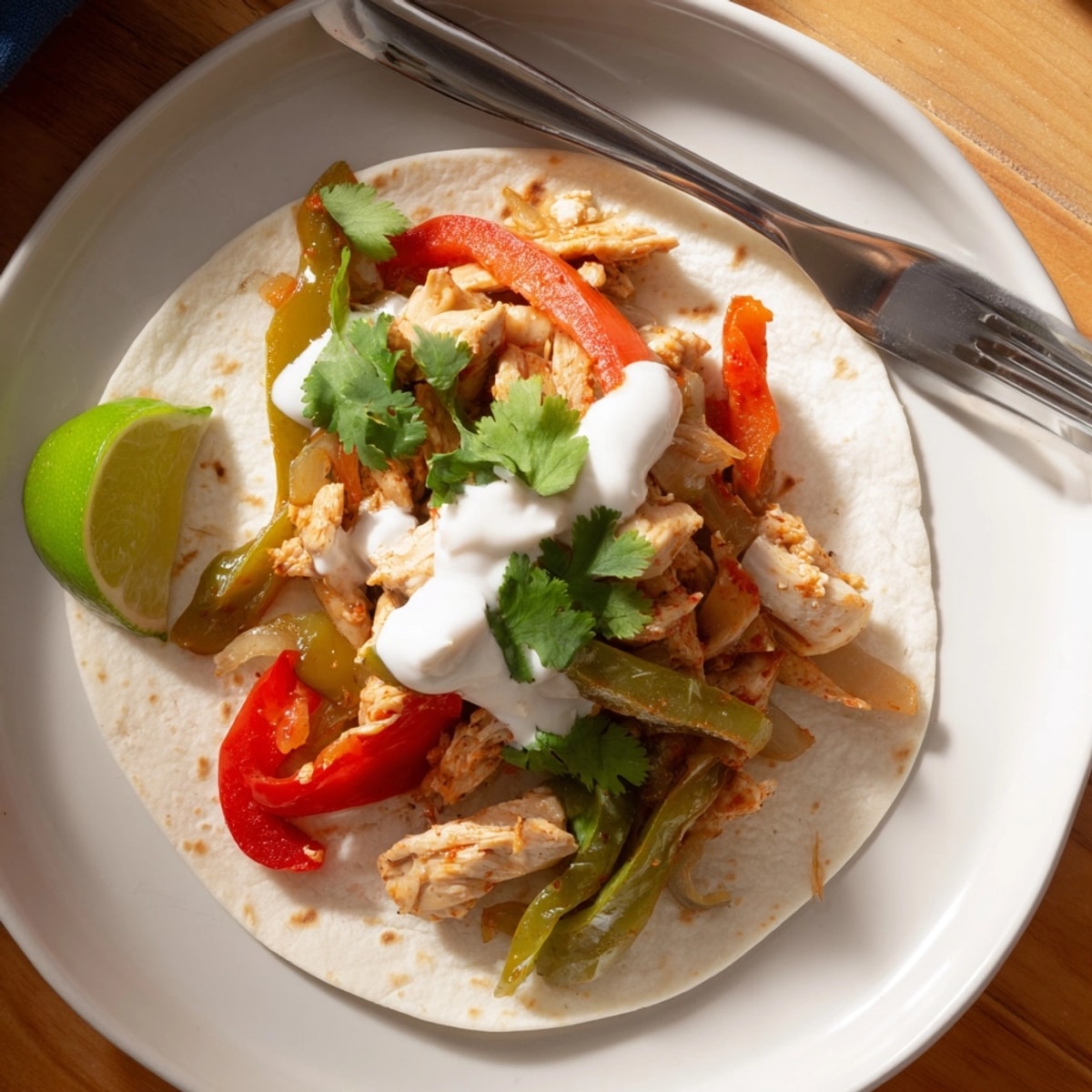 Warm, serving-ready Chicken Fajitas recipe: Chicken, peppers, and onions in soft tortillas.