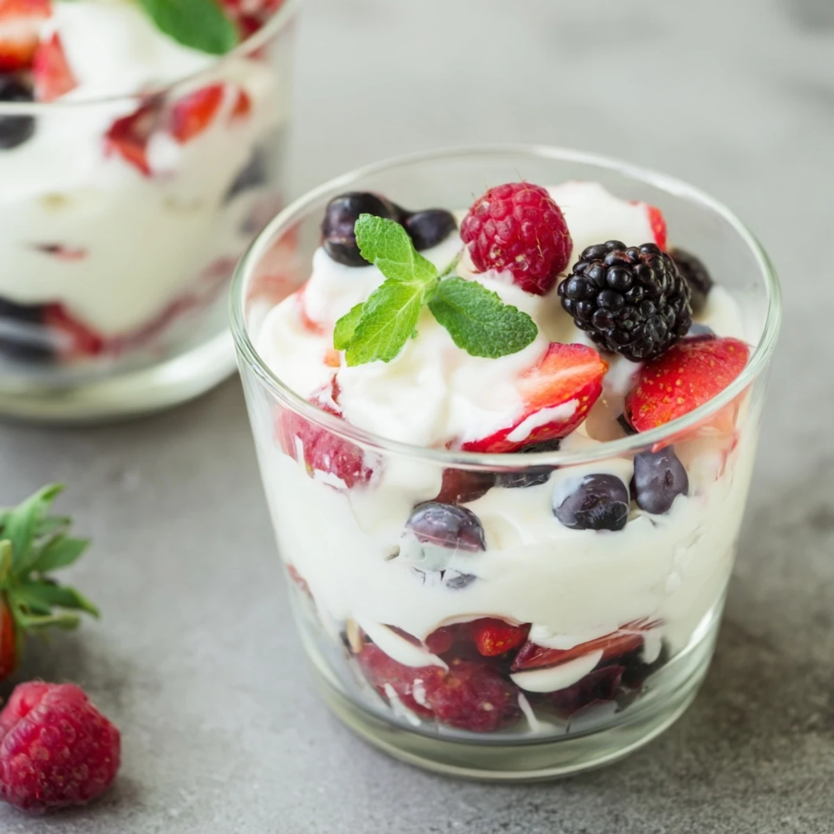 Fresh Berry Parfait layers bursting with vibrant berries and dreamy whipped cream for dessert.