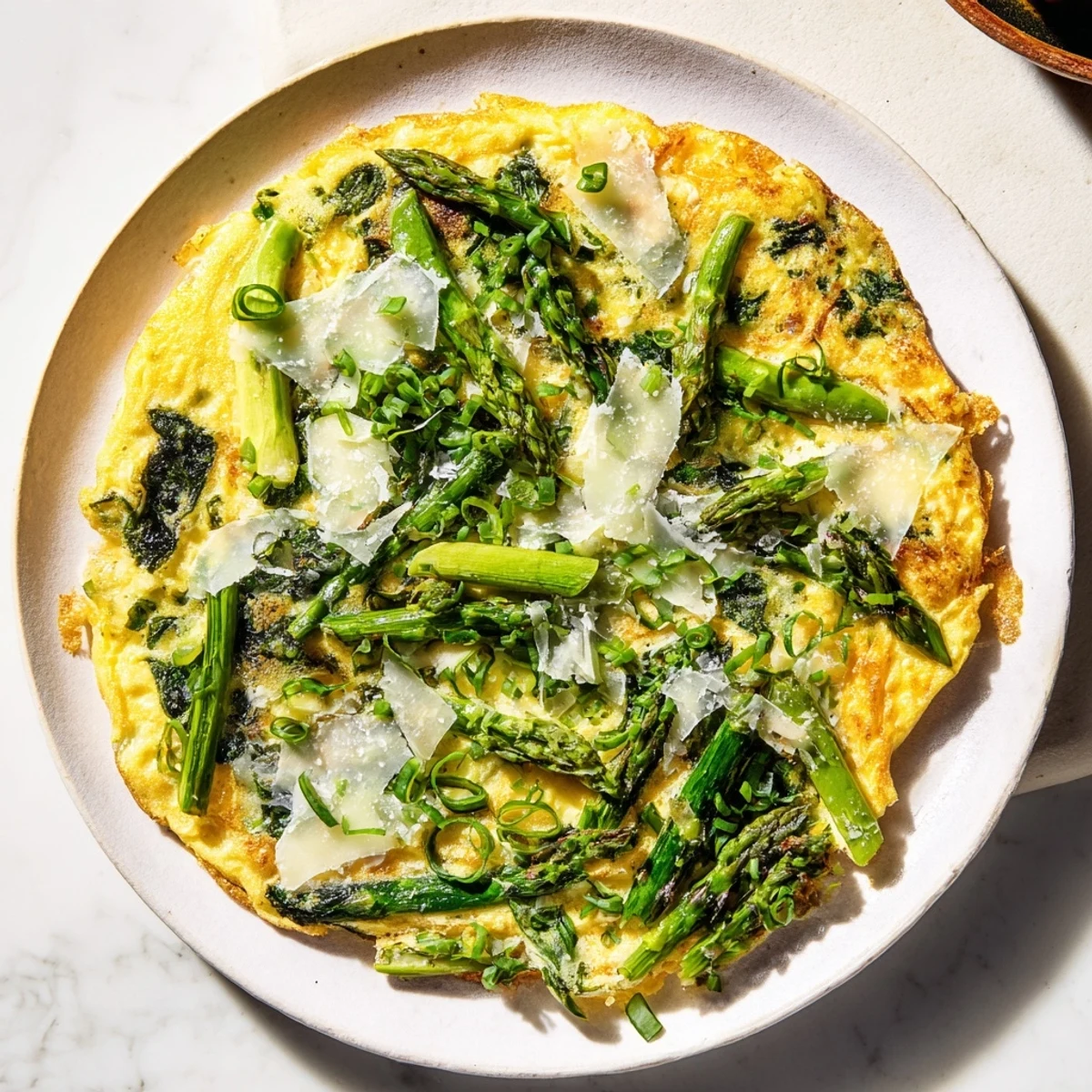 Golden and fluffy: a Meadow-Soft Cozy Plate Frittata, filled with vibrant spring vegetables.