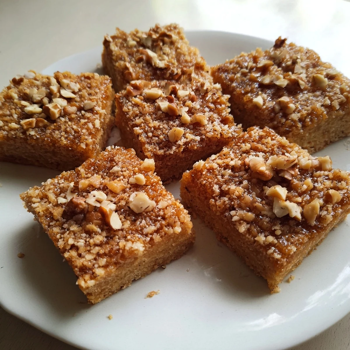 Golden, aromatic Light Sweet Hazel Treats: Hazelnut and Honey Cake Squares glistening with drizzled honey.