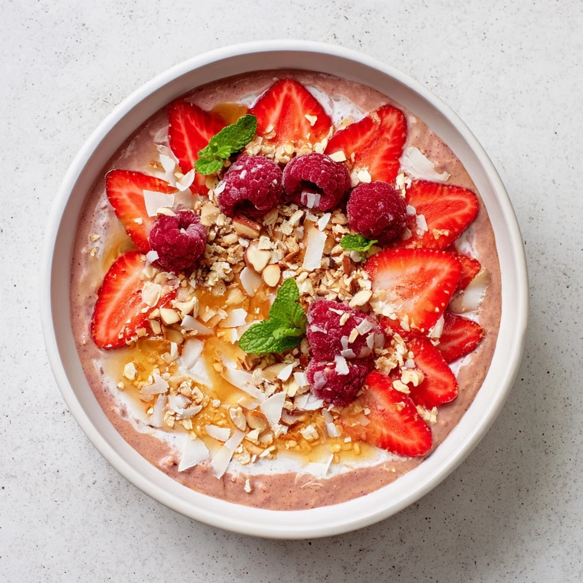 Creamy overnight oats with berries and honey, a refreshing breakfast bowl bursting with fresh fruit and sweetness.