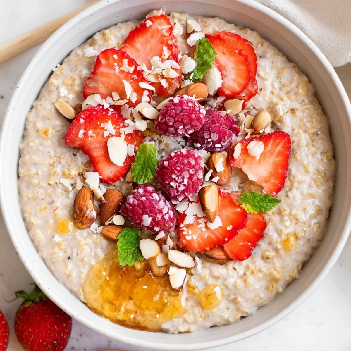 Imagine a vibrant photo of overnight oats with berries and honey, showcasing the chilled, layered parfait with fruit.