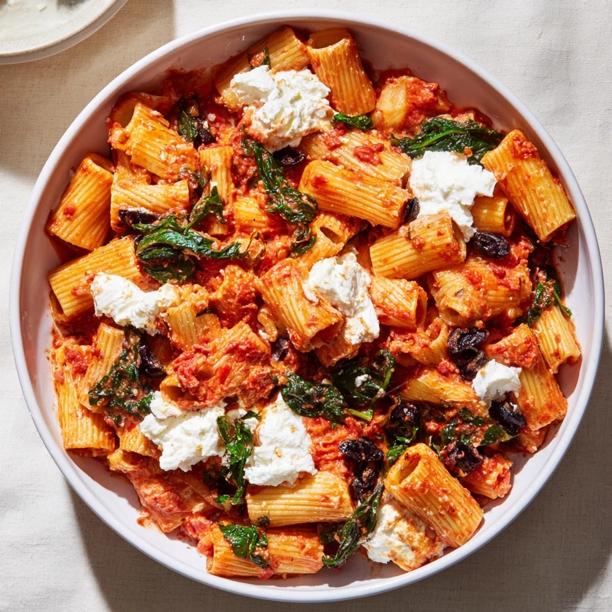 Warm baked ziti with olives, a bubbling casserole with golden, melted mozzarella cheese.