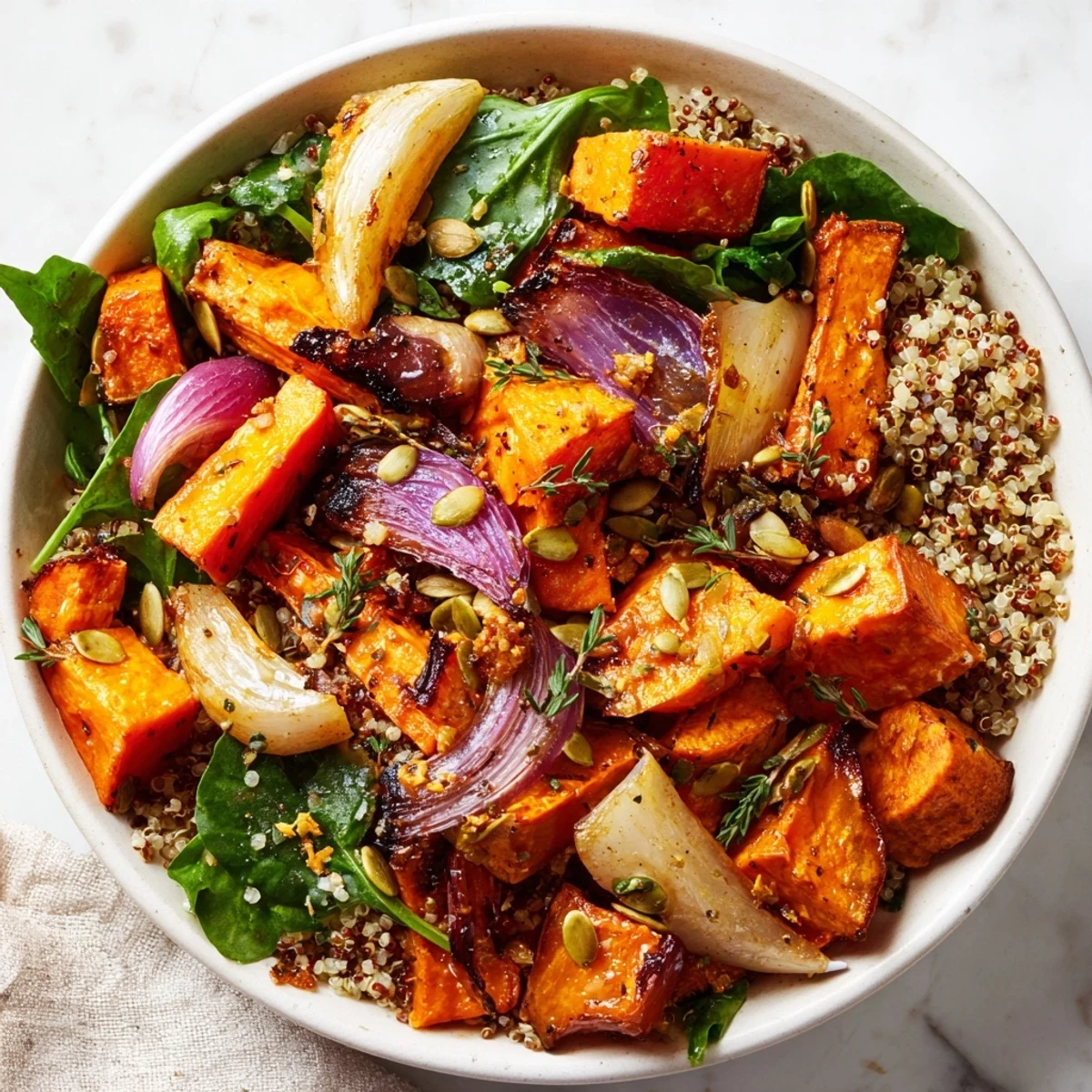 Golden-brown, roasted Warm Herb Bowl features tender root vegetables, thyme, tarragon, and fluffy quinoa.