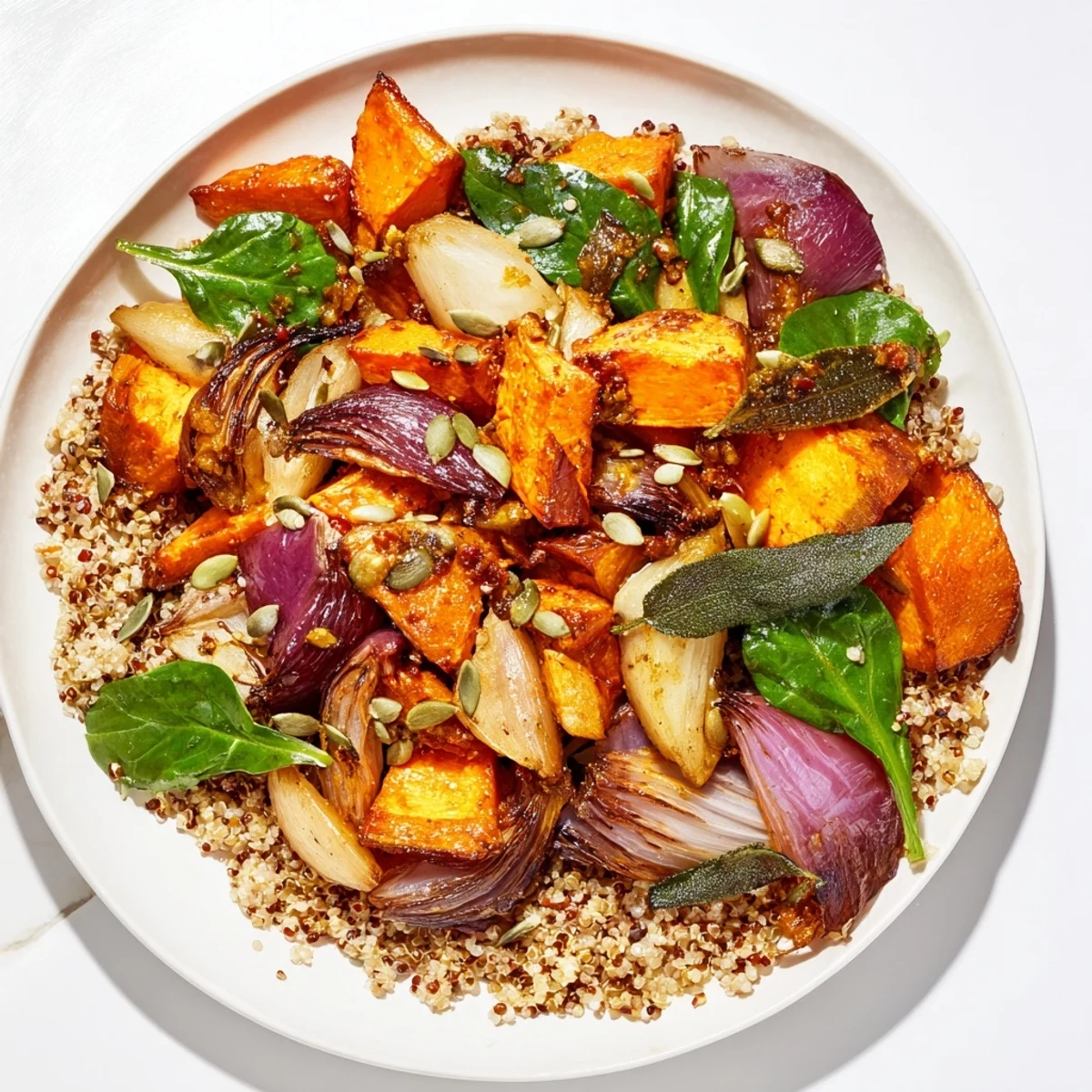 This vibrant Warm Herb Bowl showcases colorful roasted vegetables, topped with a light spinach and arugula salad.