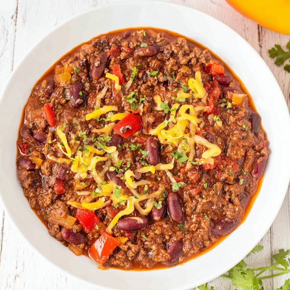 One-Pot Cozy Chocolate Chili, dark and steaming with visible beans, and ground beef.