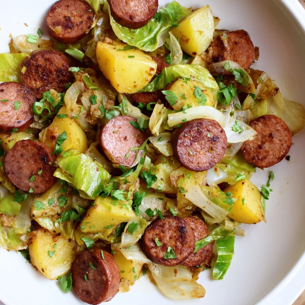 Golden kielbasa and cabbage hash sizzling in a cast-iron skillet, a hearty Midwest-inspired recipe.