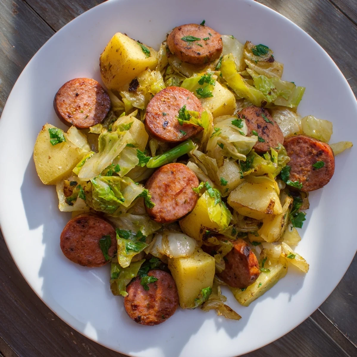 Smoky kielbasa and tender cabbage mingling with potatoes in this Rustic Flint-Style skillet meal, ready to serve.