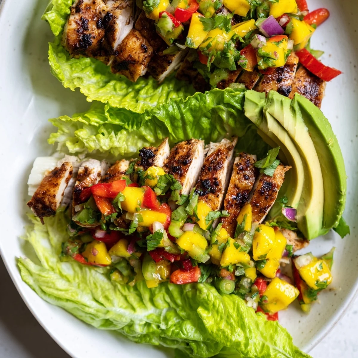 Grilled chicken and mango salsa lettuce wraps, a flavorful, healthy meal served with fresh lime.