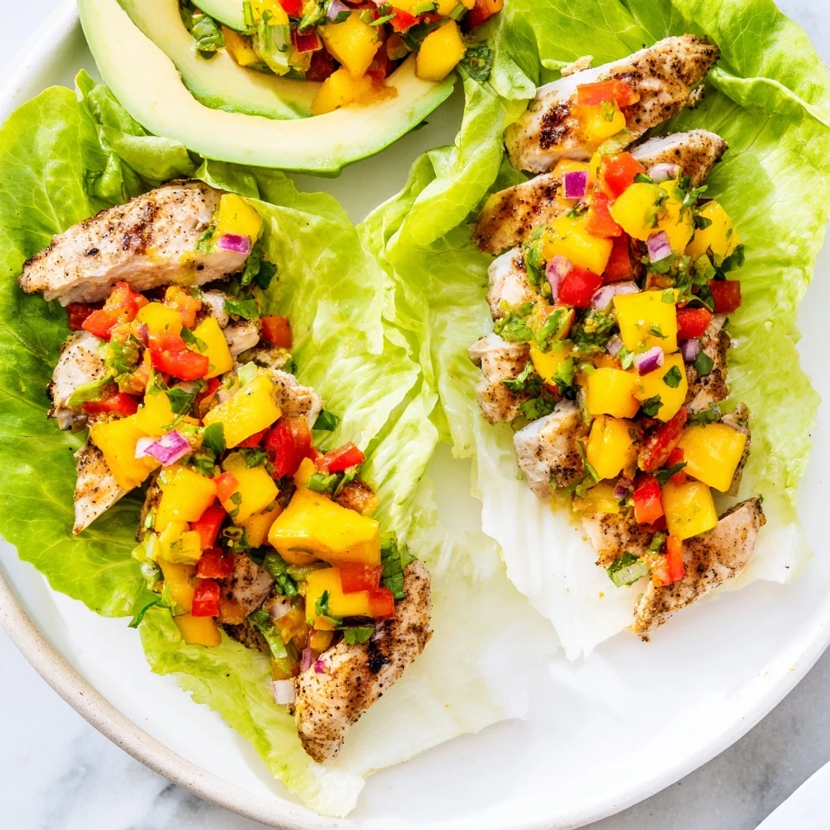 Close-up shot shows delicious chicken and mango salsa lettuce wraps ready to eat, a perfect lunch.
