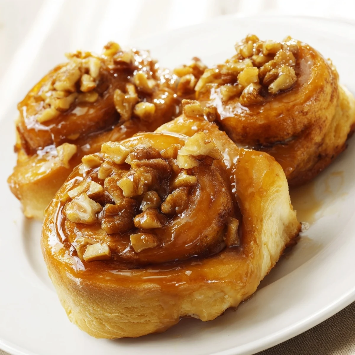 Golden brown Maple Pecan Sticky Buns glistening with a luscious maple glaze, ready to serve.