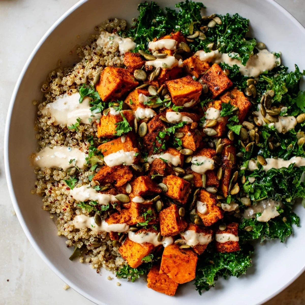 Light Coastal Bowls feature fluffy quinoa, roasted sweet potatoes, and kale, drizzled with lemon-tahini dressing.