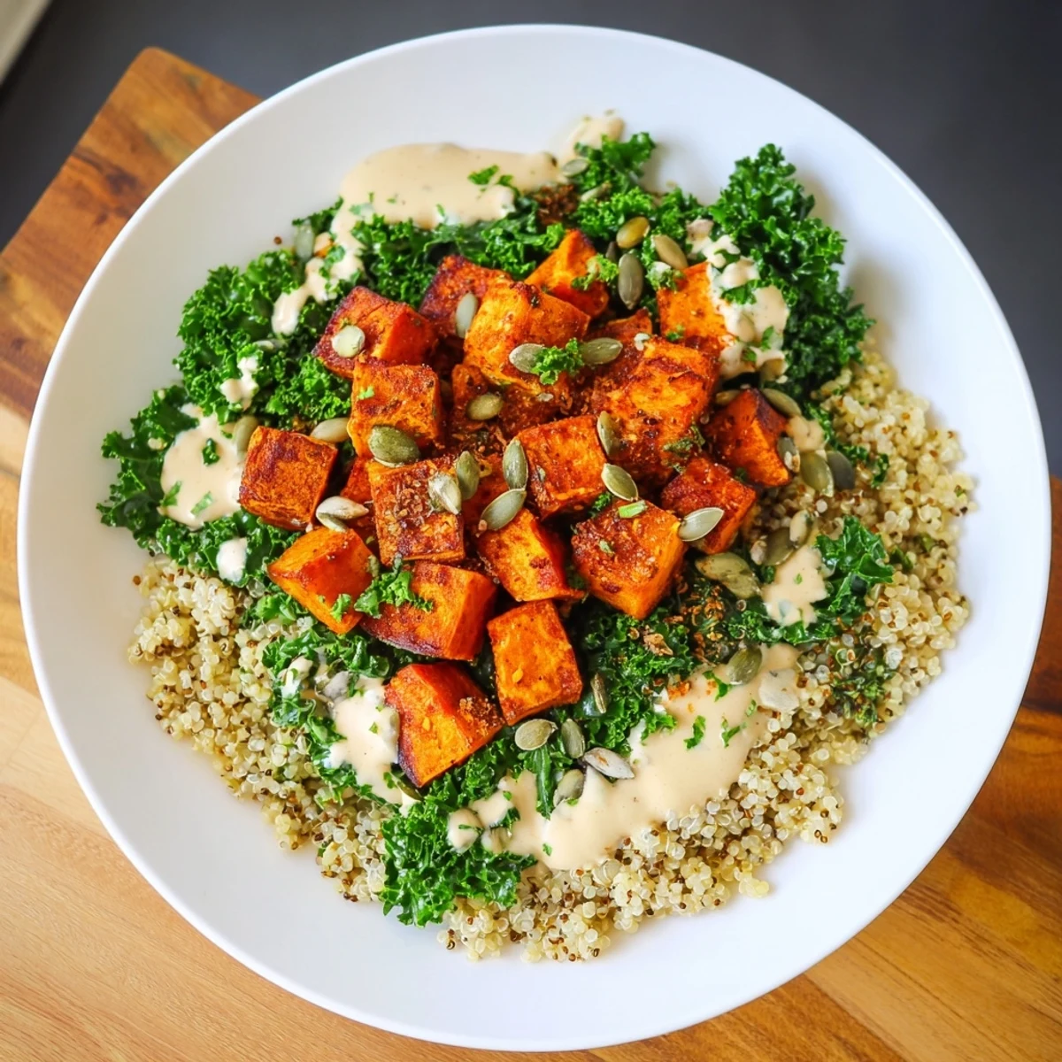 This satisfying Light Coastal Bowl combines roasted sweet potatoes, kale, and a vibrant, flavorful quinoa base.