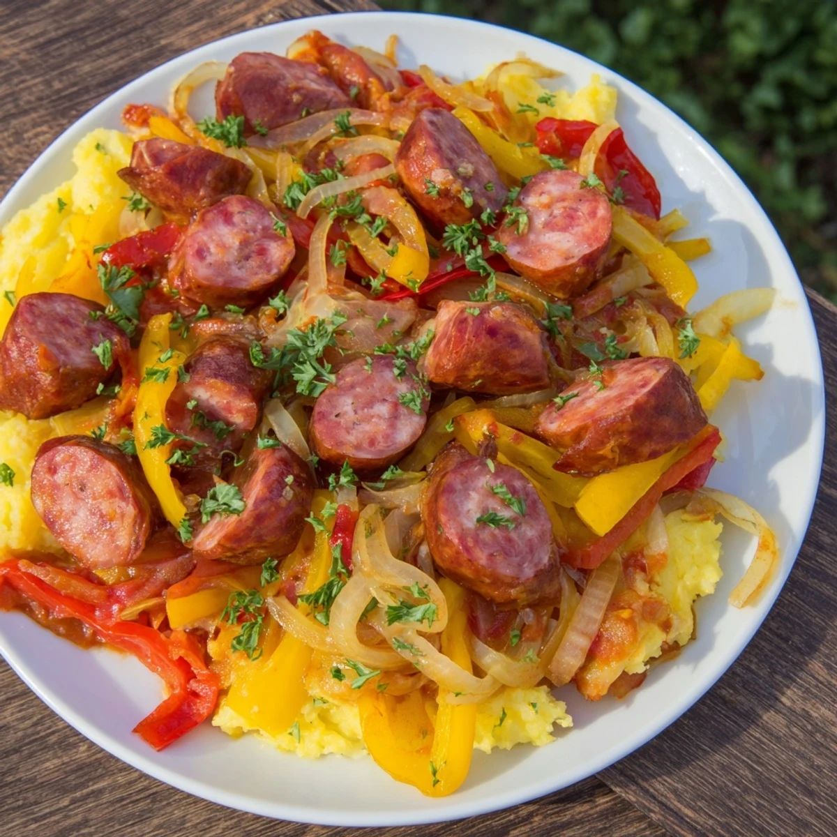 Sizzling Herb-Cozy Skillet Sausage and Peppers atop creamy polenta, a warm, inviting Italian-inspired dinner.