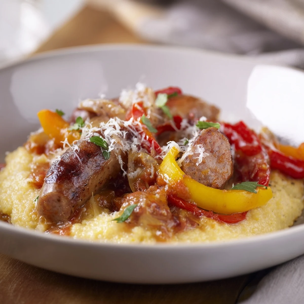 Vibrant image of Herb-Cozy Skillet Sausage and Peppers, the sausage and veggies glistening with herb-infused sauce on polenta.