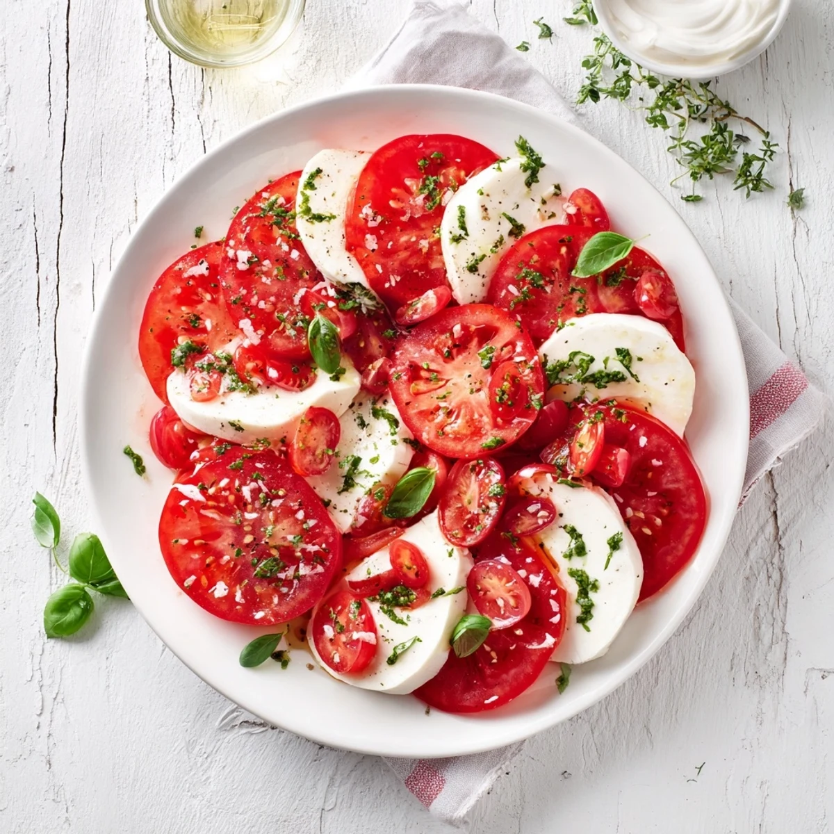 Vibrant Caprese salad with glossy basil vinaigrette, loaded with juicy tomatoes and fresh mozzarella.