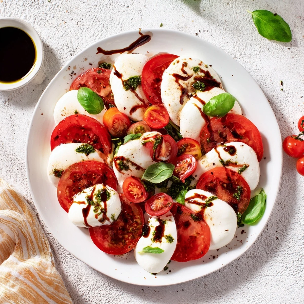 A colorful Caprese salad, drizzled with bright green vinaigrette, ready to be enjoyed as a starter.