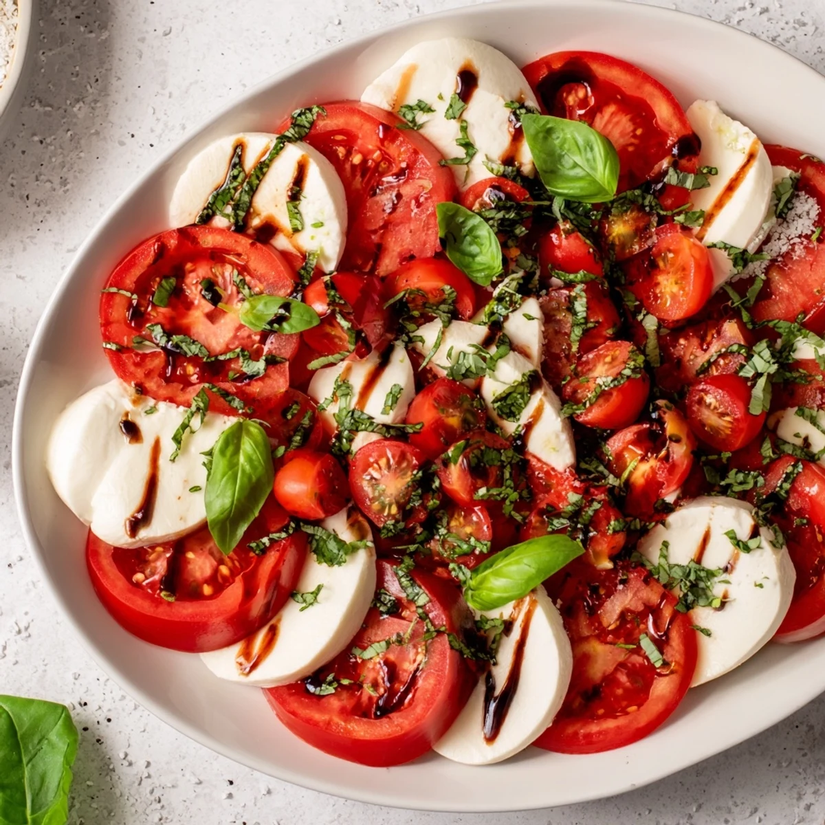 Fresh Caprese salad, showcasing layered tomatoes and mozzarella, finished with basil and a zesty vinaigrette.