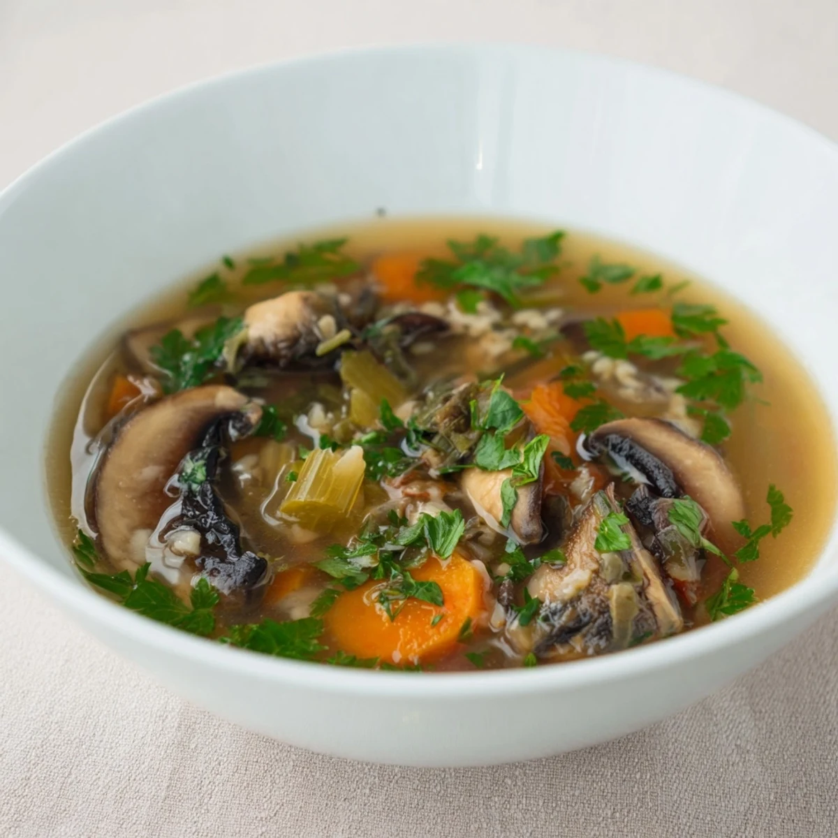 Steaming bowl of Wild Mushroom and Barley Soup, garnished with fresh parsley for a warm, comforting meal.