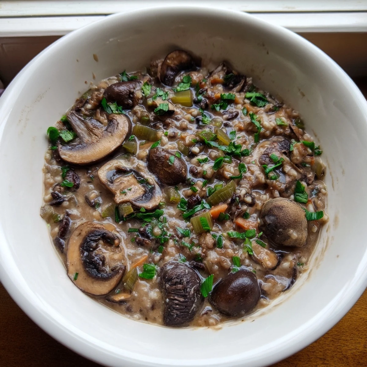 A close-up of the hearty Wild Mushroom and Barley Soup, showing tender barley and earthy mushroom texture.