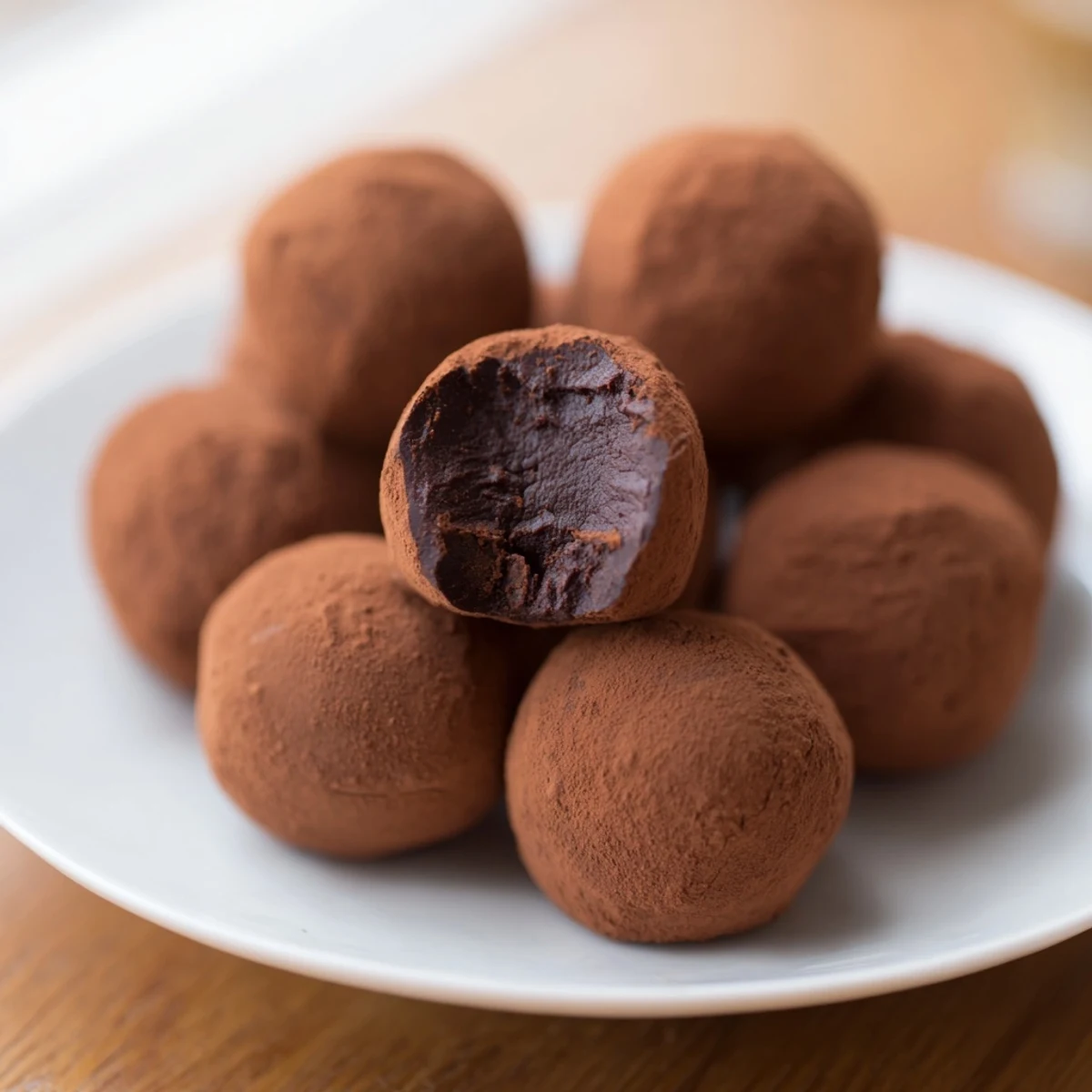 A close-up of decadent Dark Chocolate Truffles, dusted with cocoa powder for a rich, sweet treat.