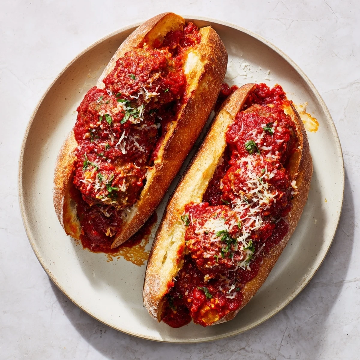 Close-up of a Meatball Marinara Sub Sandwich with melted cheese and a rustic toasted roll.
