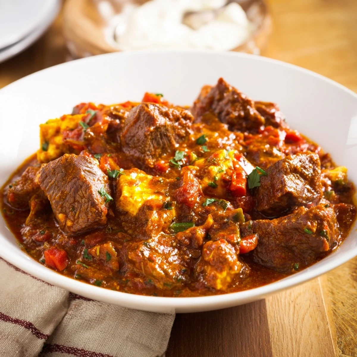 A steaming bowl of Hungarian Goulash with tender beef and rich, savory sauce, ready to serve.