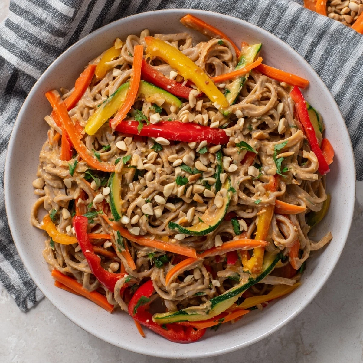 Vibrant Spicy Peanut Noodle Salad with colorful vegetables, coated in a creamy, spicy dressing.