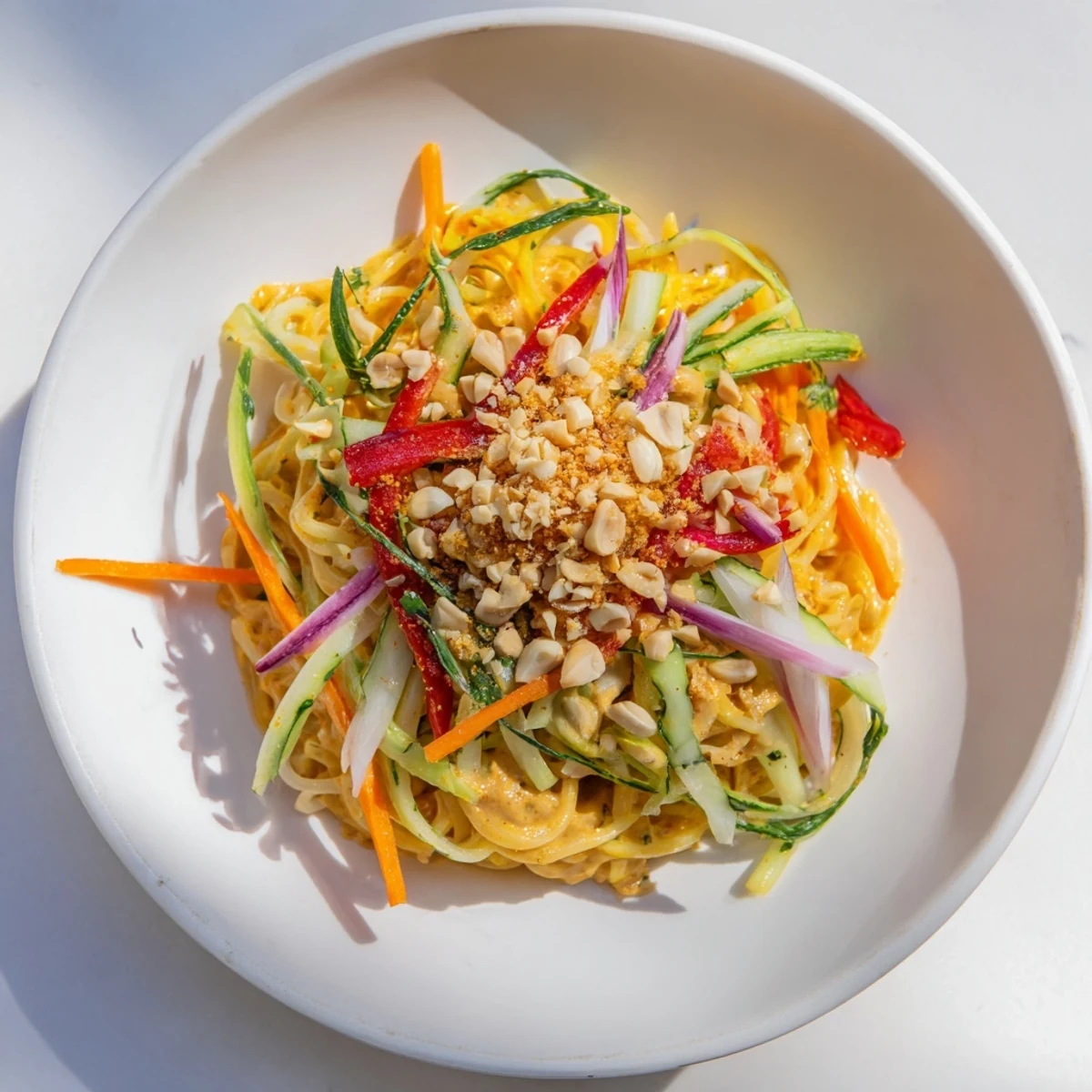 Savory Spicy Peanut Noodle Salad bowl—a delicious mix of noodles, peanuts, perfect for dinner.