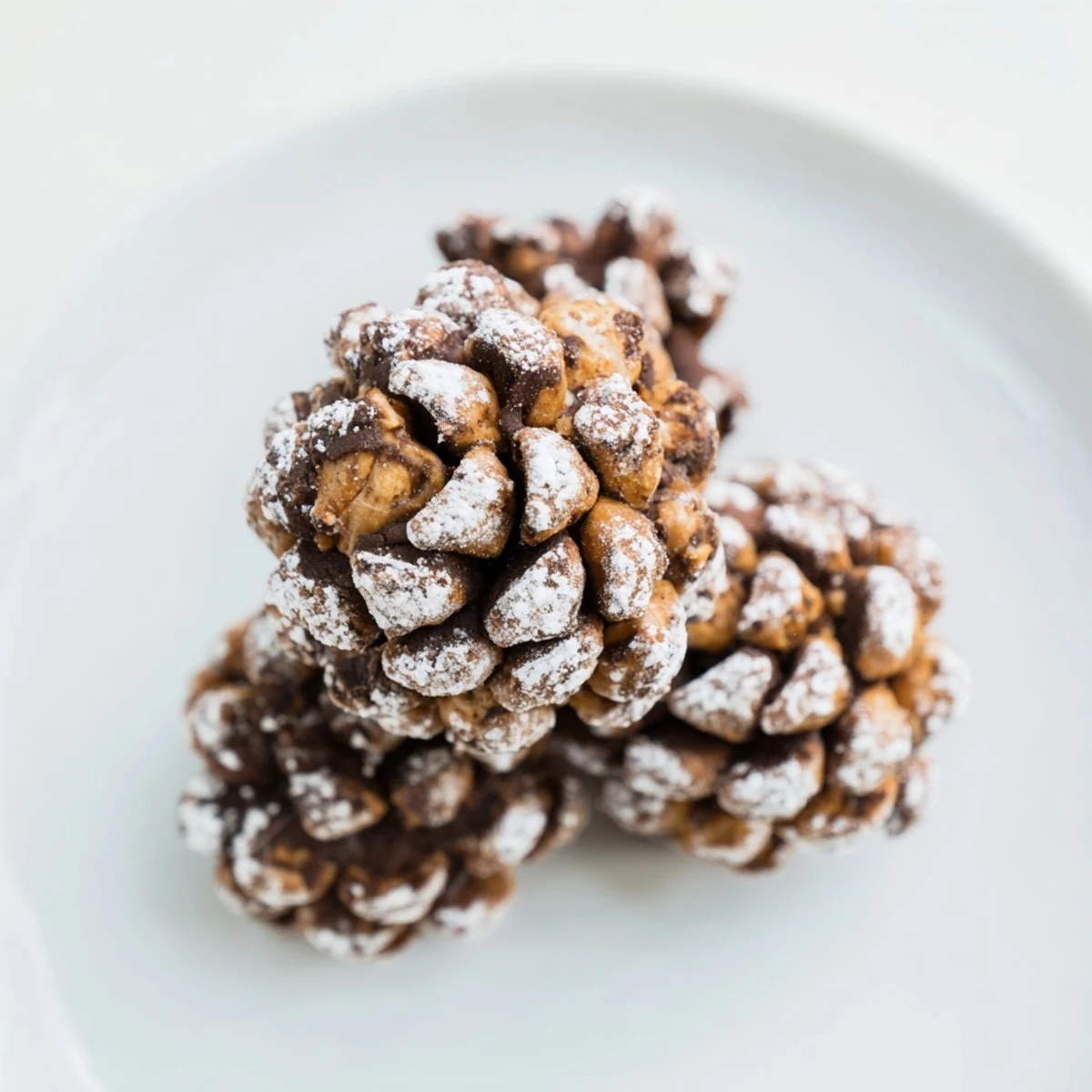 Homemade pinecone-shaped nut butter snacks, dusted with powdered sugar, look festive and delicious for the holidays.