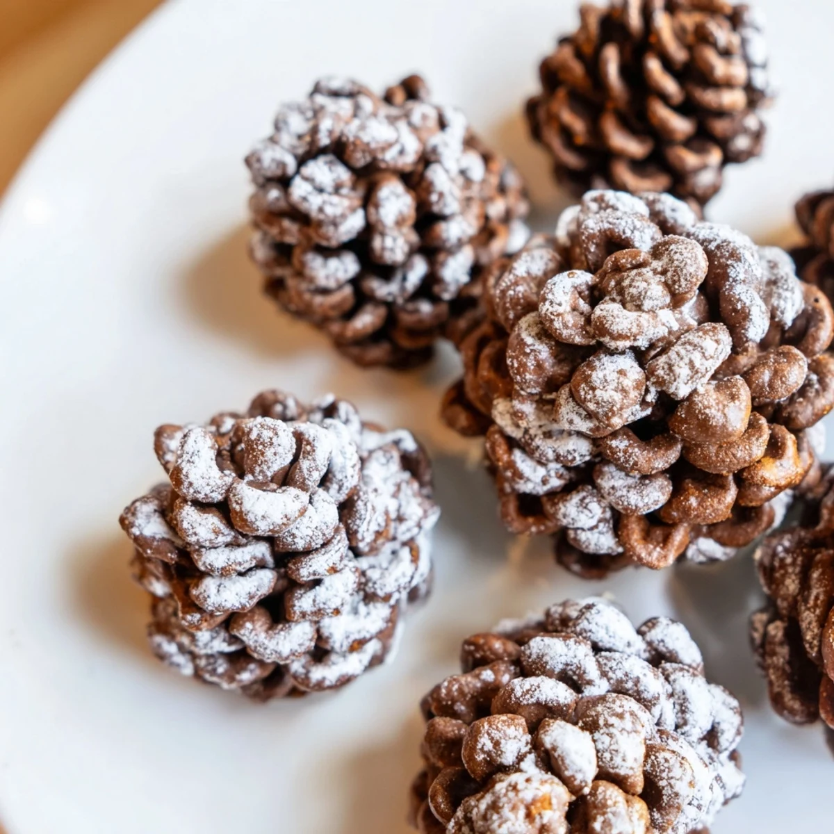 A close-up of the finished pinecone nut butter snacks, showcasing the crunchy cereal scales and creamy filling.