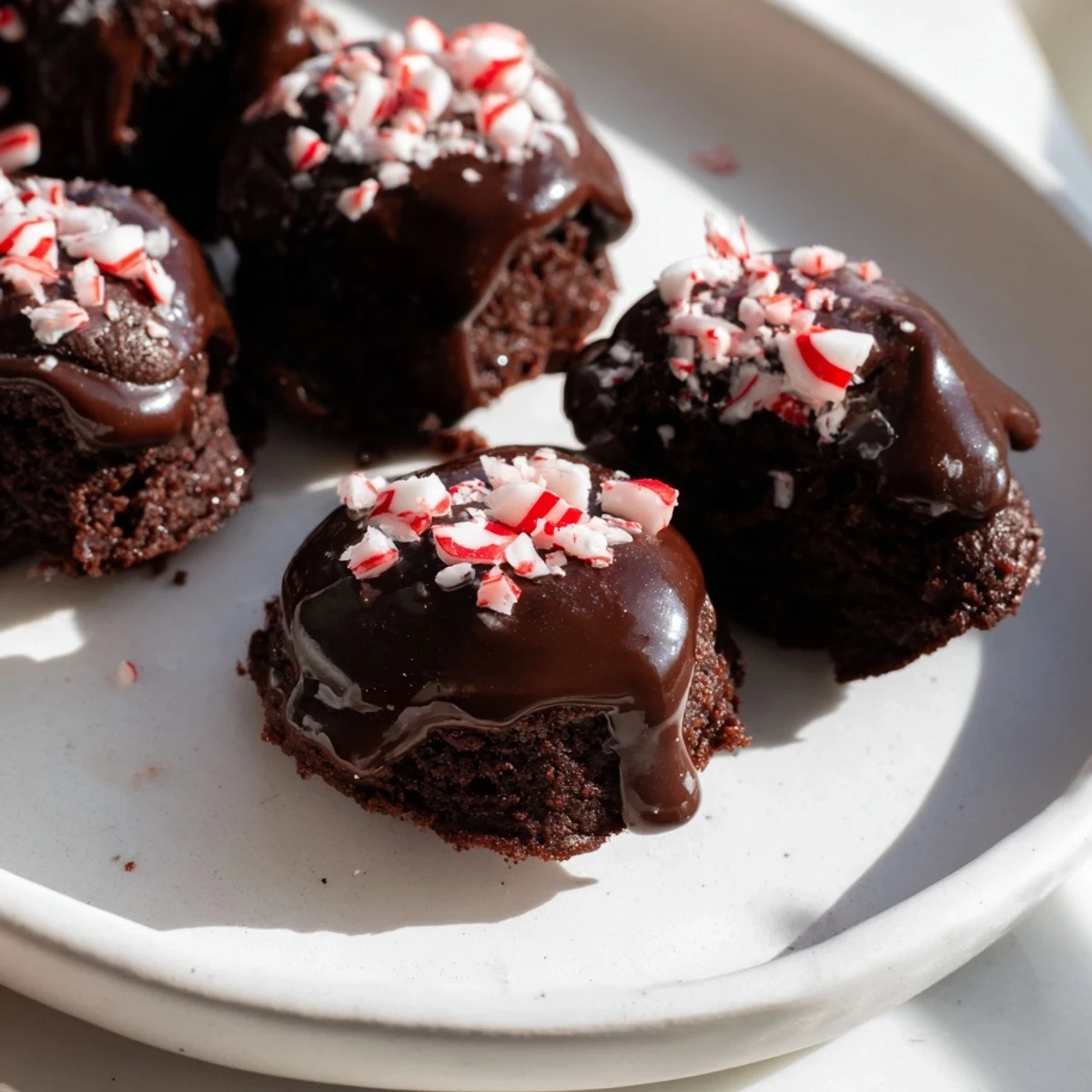 Warm, fudgy Peppermint Mocha Brownie Bites, glazed with chocolate, topped with crushed peppermint candies.