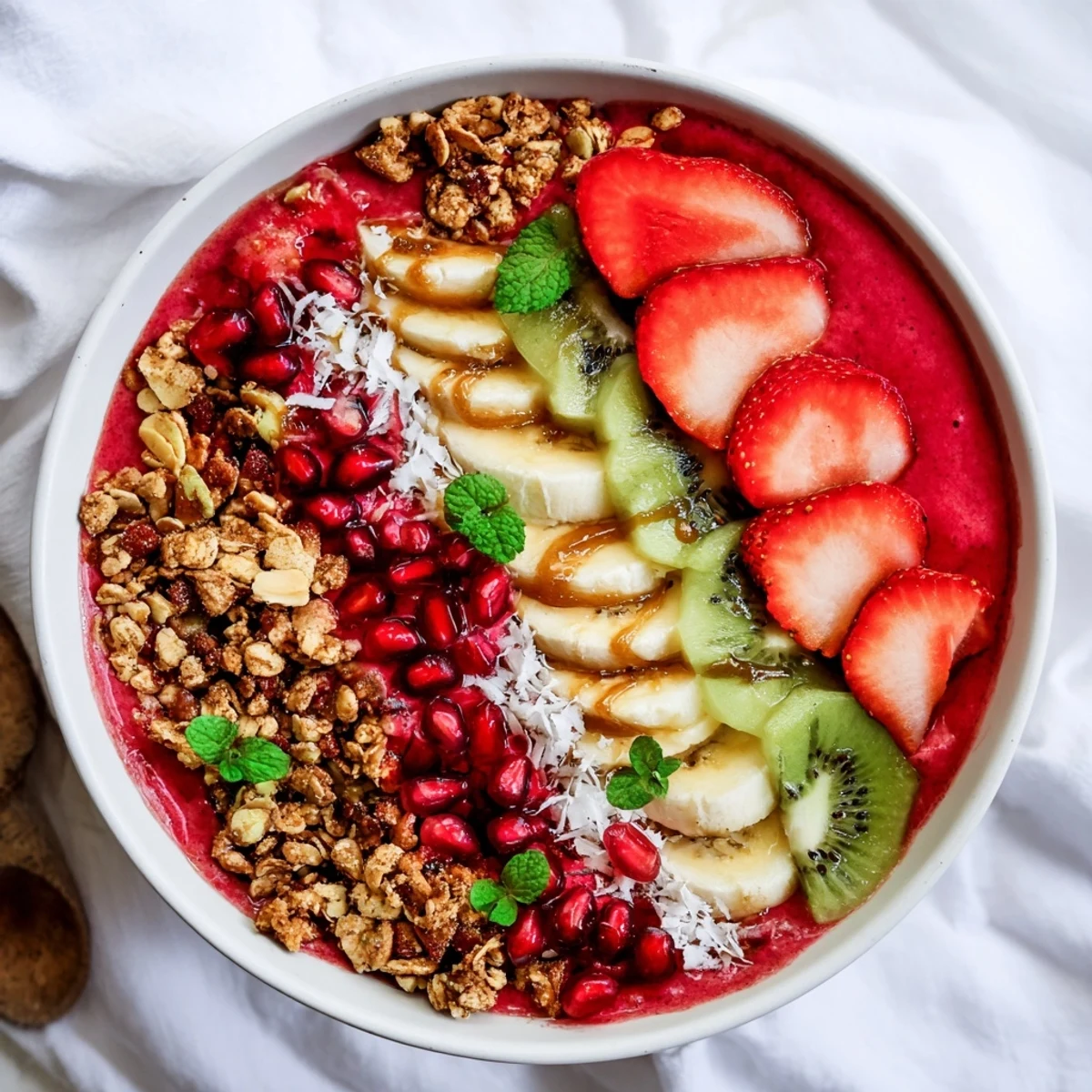 Vibrant Festive Red and Green Smoothie Bowls layered with colorful fruits and crunchy granola toppings.