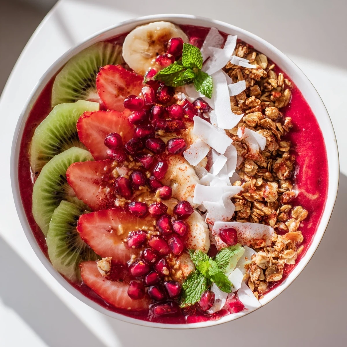 Bright red and green Festive Red and Green Smoothie Bowls, ready to eat with a variety of fresh toppings.