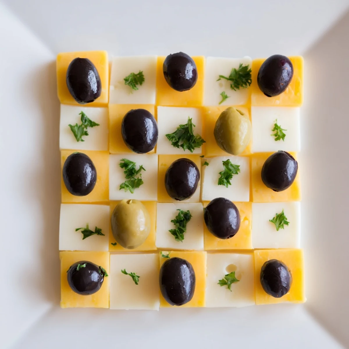 A delicious, detailed photo shows a ready-to-eat cheese and olive chessboard appetizer.