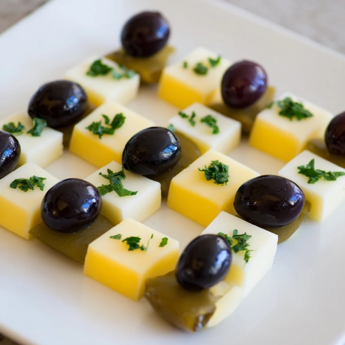 Vibrant square cheese and olive chessboard arrangement offers a unique snack for friends and family.