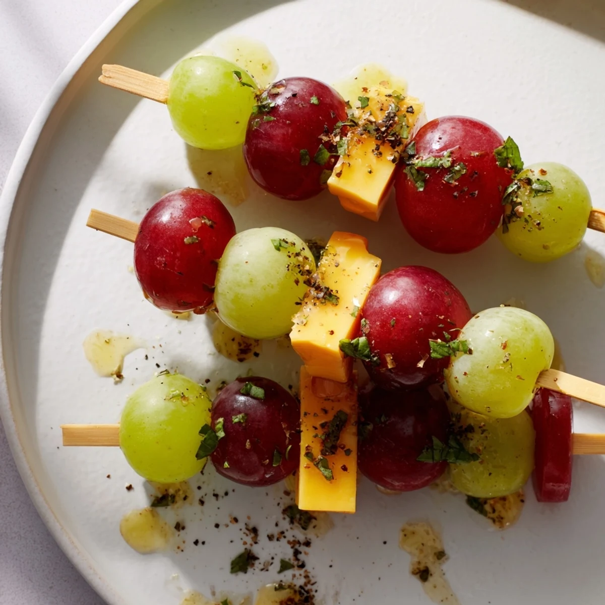 Sparkling Grape and Cheese Skewers with vibrant red grapes and golden cheese cubes, drizzled with honey, ready to serve.