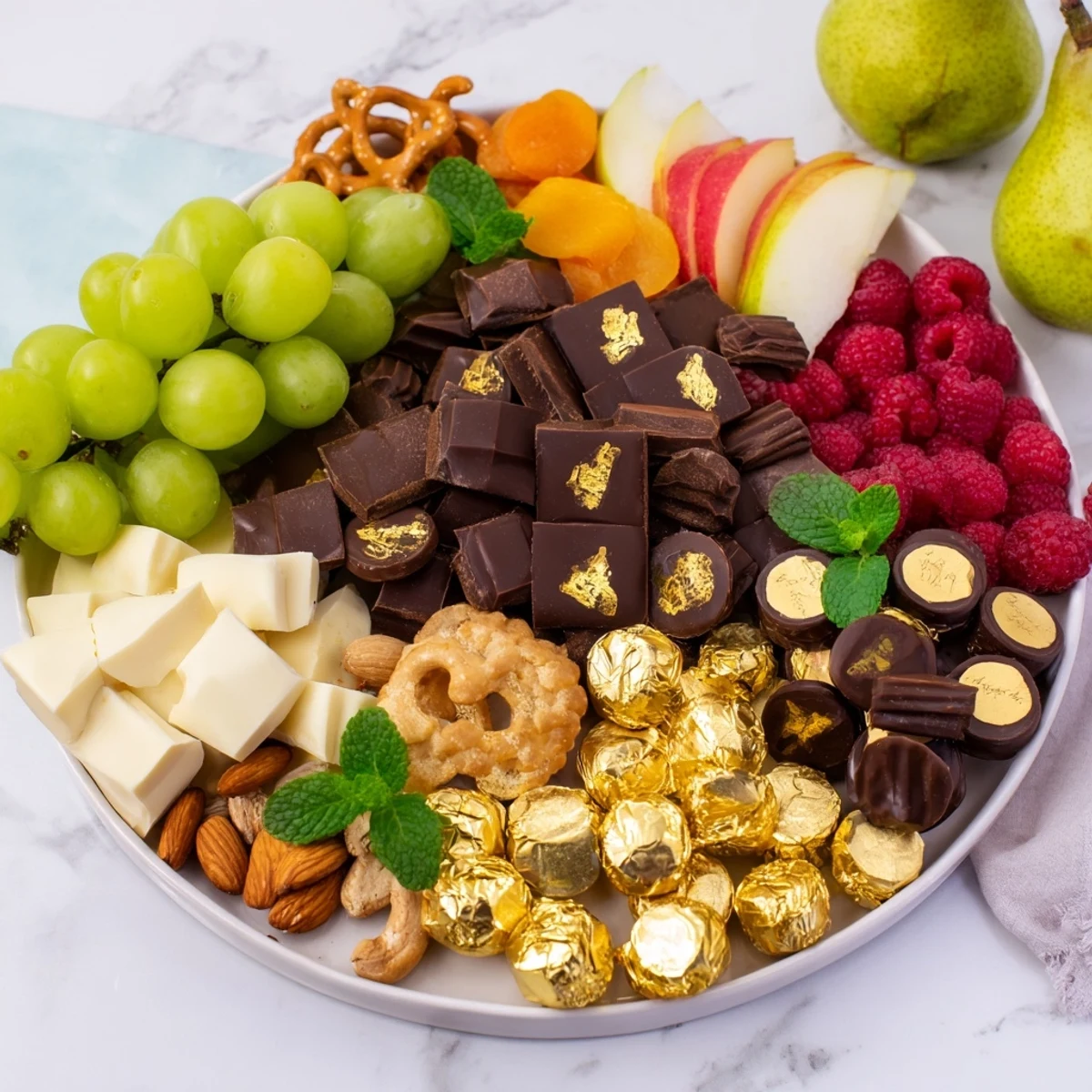 This festive Gold Foil Wrapped Chocolate Board offers a dazzling array of chocolate and fresh fruit.