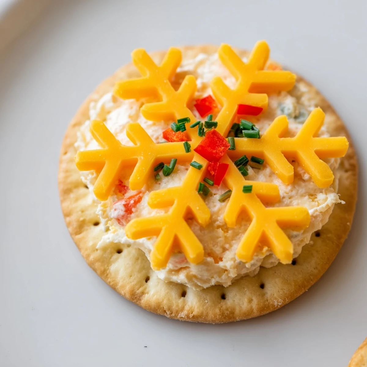 Crisp crackers topped with snowflake cheese designs, these savory bites are perfect party appetizers.