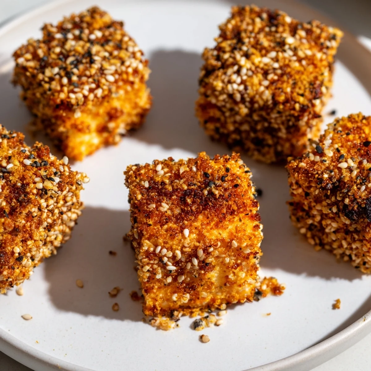 Golden-brown crunchy everything bagel seasoning coats these bite-sized cheese cubes, perfect appetizers.