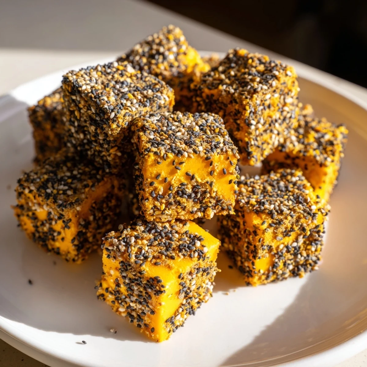Savory everything bagel seasoning cheese cubes: a vibrant snack, coated and ready to eat!