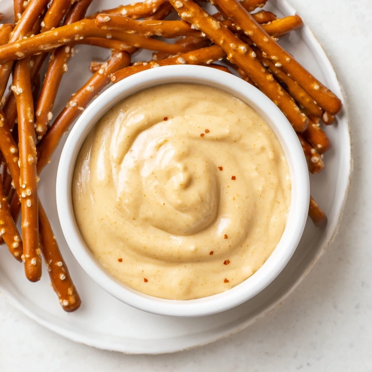 Golden pretzel rods ready to dip in a vibrant, homemade hot mustard, ideal party appetizer.