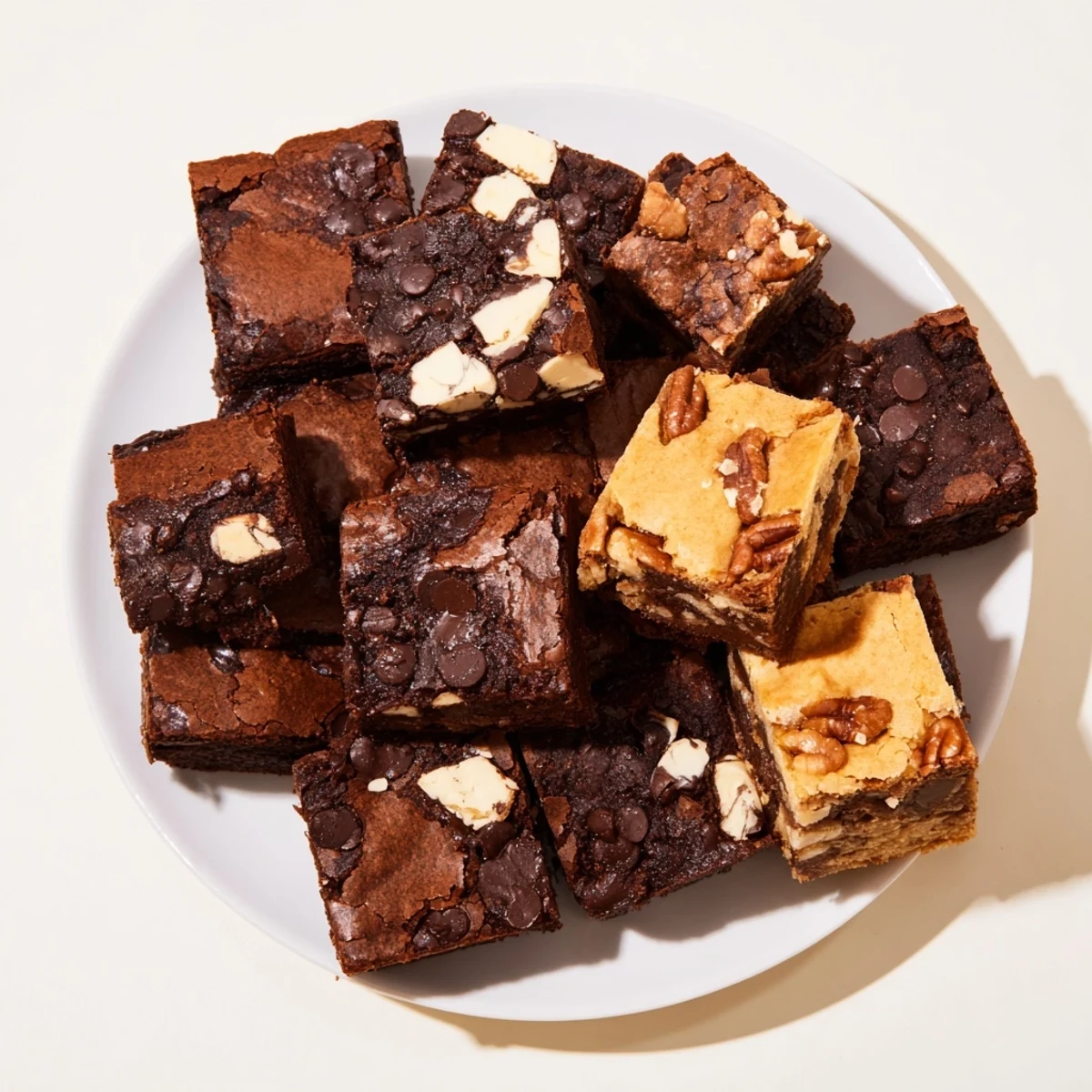 Warm, inviting dessert platter showcasing rich brownie and golden blondie squares, perfect for holiday gatherings.