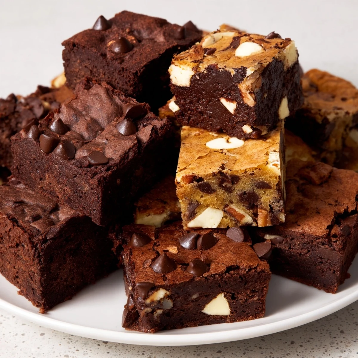 A beautiful display of brownie and blondie squares, offering a delightful mix of chocolate and vanilla flavors.
