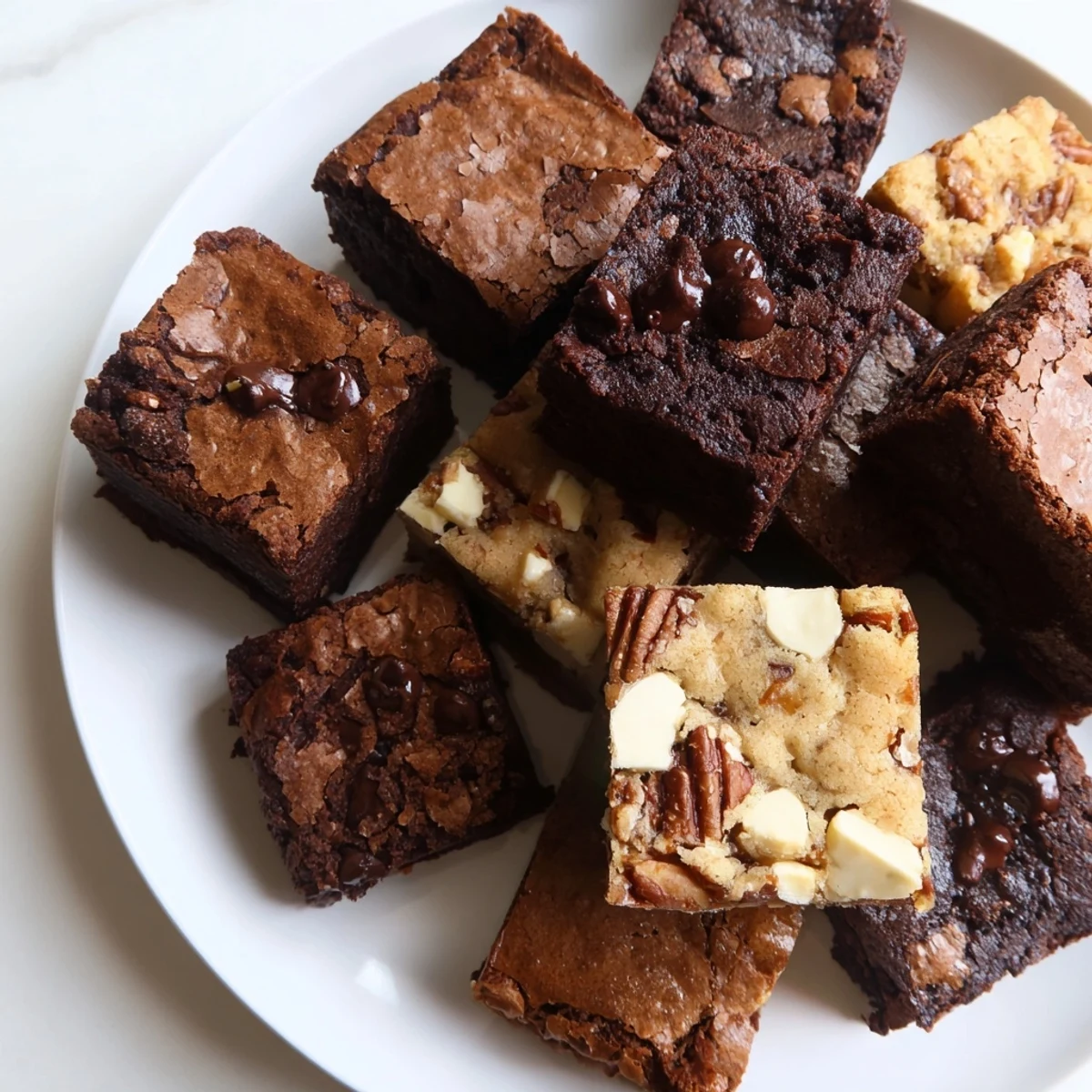 Close-up of a festive dessert platter of brownie and blondie squares, ready to be enjoyed with friends.