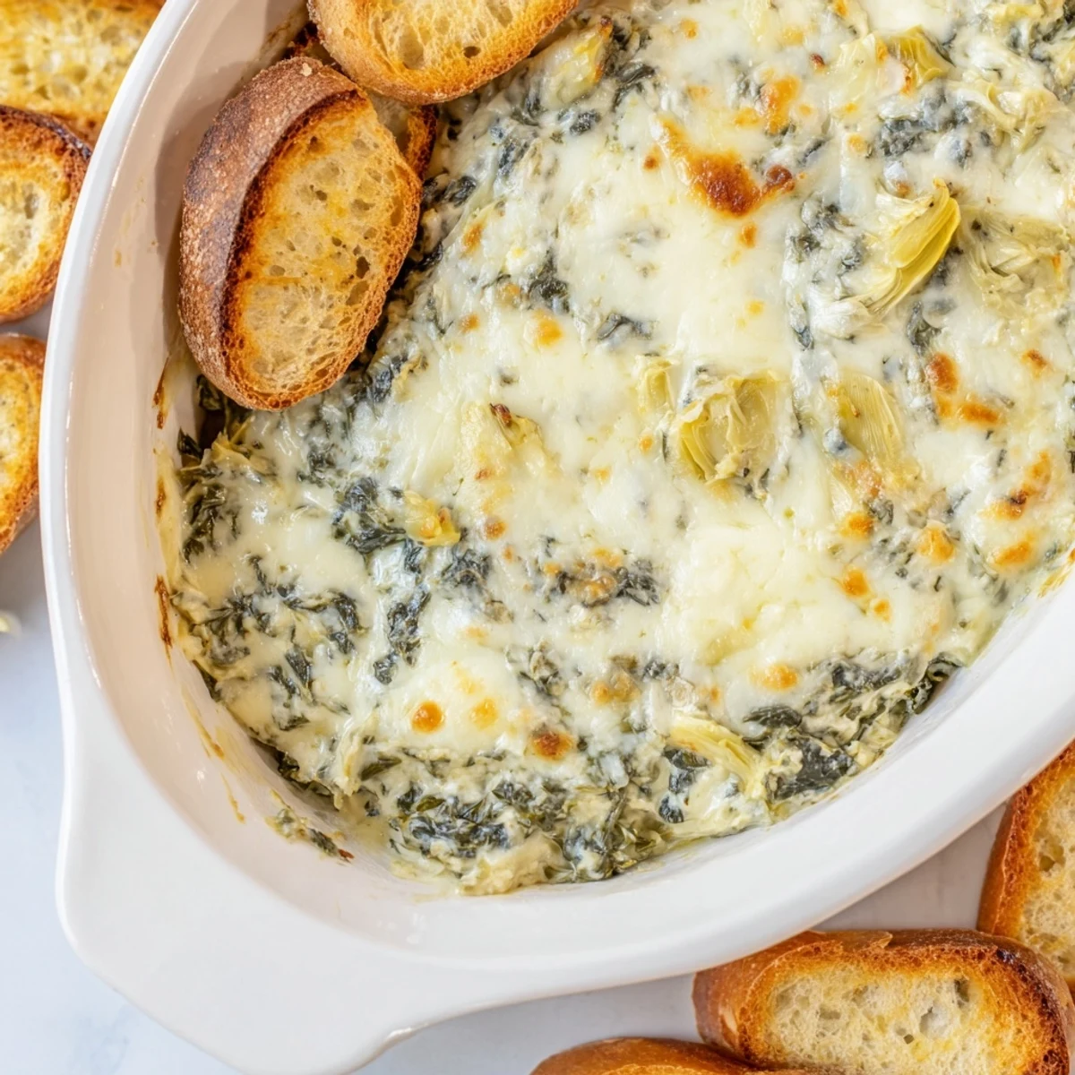 Warm Spinach Artichoke Dip with melted cheese, served with crispy, golden baguette slices.