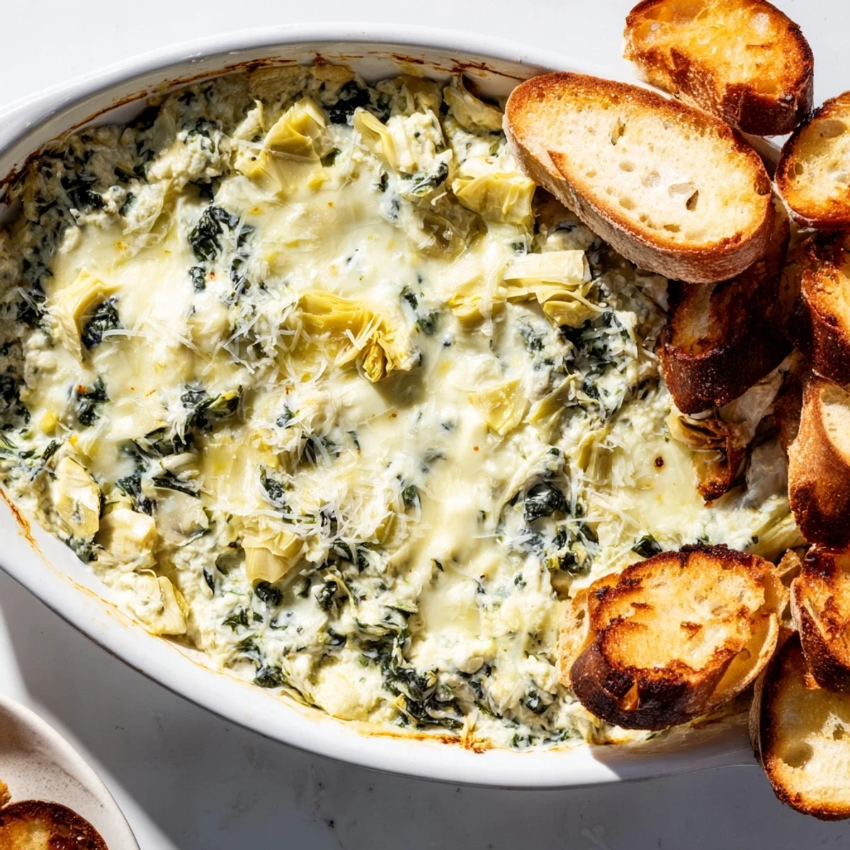 A close-up of a delightful Spinach Artichoke Dip, perfect for sharing at a winter party.