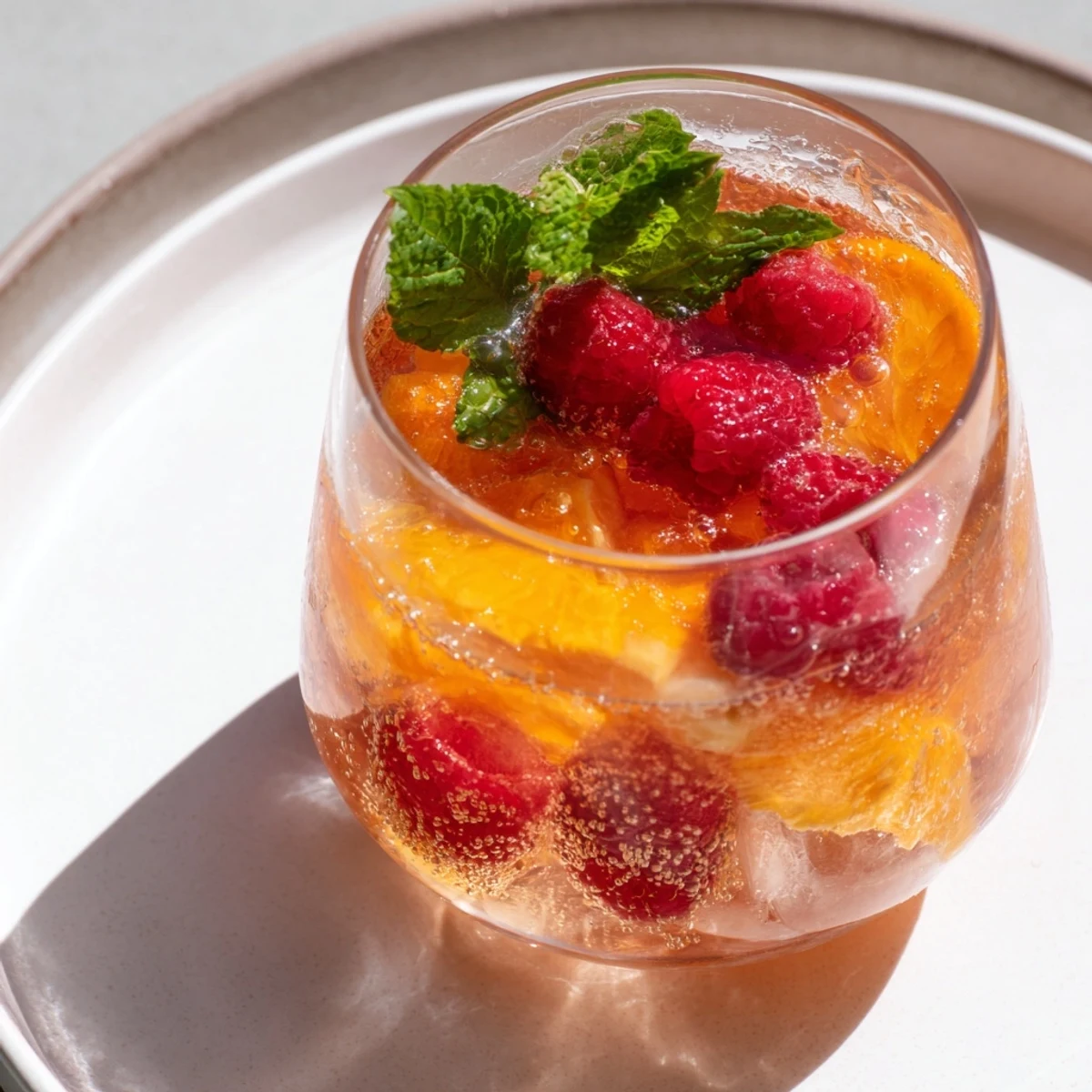 Close-up of Sparkling Juice with Raspberries, garnished with mint, perfect for a New Year's gathering.