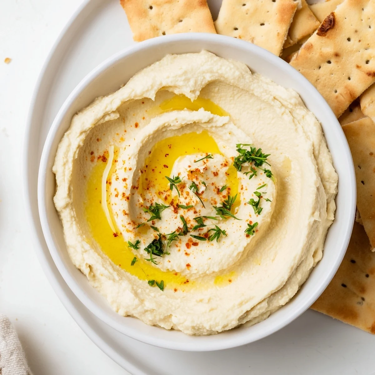Golden, crispy Holiday Crackers with fresh rosemary alongside a creamy, smooth hummus for dipping.